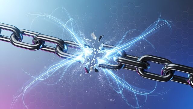 Breaking chains and escaping bondage concept. Freedom and liberation from addiction or struggle. Steel links shattering with glowing blue energy and sparks on blue background