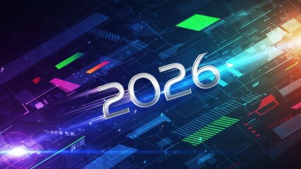 Futuristic "2026" text on a vibrant, abstract digital background with glowing circuits and geometric shapes.
