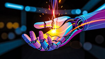 Futuristic robotic hand holding glowing energy symbol of artificial inte

