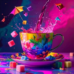 Surreal Colorful Tea Cup Splash with Rainbow Glass, Floating Sugar Cubes and Cocktail Umbrellas
