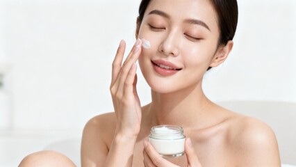 East Asian woman gently applying rich white facial moisturizer to her glowing cheek with eyes closed while holding the glass cream jar.