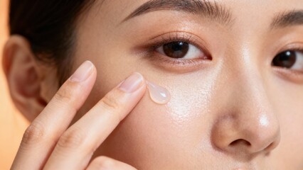 East Asian female applying a clear droplet of hydrating skincare essence near her eye and cheek area.