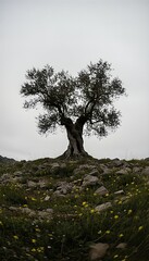 Ancient olive tree stands majestically on a rugged hillside with gnarled branches reaching upwards, surrounded by scattered rocks and vibrant yellow wildflowers under a soft light.