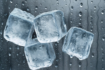 A close-up photograph of four clear ice cubes on a dark gray surface covered in water droplets, showcasing their transparent texture and reflective light.