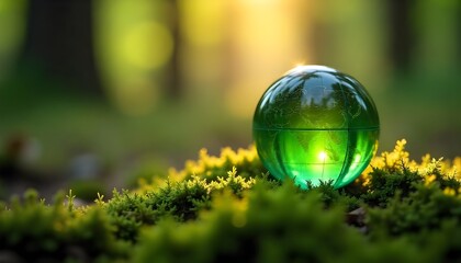 Earth Day - Environment - Green Globe In Forest With Moss And Defocused Abstract Sunlight