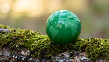 Earth Day - Environment - Green Globe In Forest With Moss And Defocused Abstract Sunlight