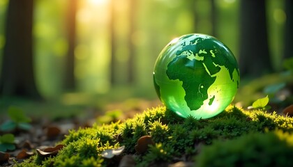 Earth Day - Environment - Green Globe In Forest With Moss And Defocused Abstract Sunlight