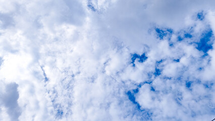 Blue sky with scattered white clouds throughout the day