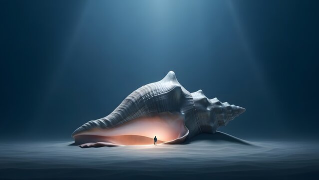 Man standing inside a giant conch shell on a dark seabed. Inner peace and self discovery concept. Tiny human figure exploring the luminous interior of a massive white seashell