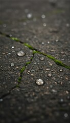 Obraz premium Water droplets and vibrant green moss thrive along a deep crack in the textured asphalt surface, reflecting ambient light beautifully.