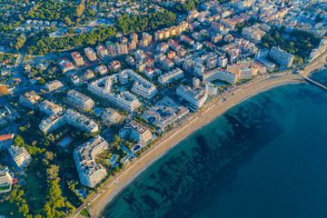 Luxury Living at Dawn: Cinematic 4K Aerial of Marbella&rsquo;s Golden Mile, Featuring Exclusive Beachfront Resorts, the Paseo Mar&iacute;timo, and La Concha Mountain, Costa del Sol, Spain
