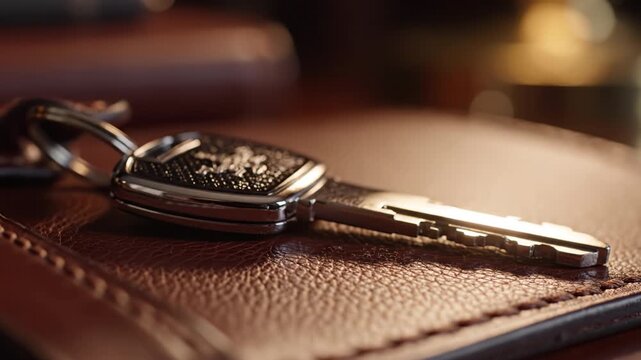 Key leather wallet keyring metal close up macro shallow depth field car key leather wallet soft warm light cozy atmosphere leather key fob metal house key stitched leather wallet warm low light