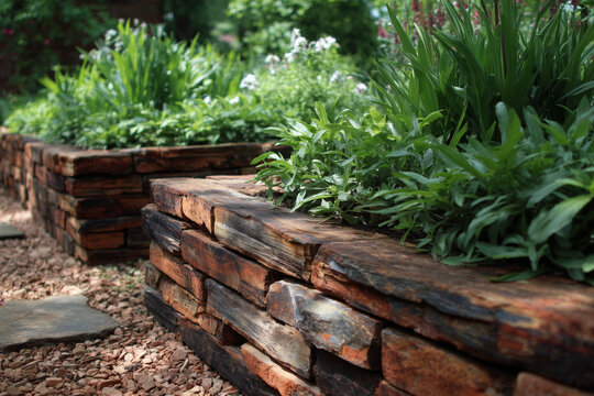 Beautiful garden with stacked stone walls and lush greenery outdoors