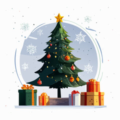 Clean Modern Christmas Tree Vector Illustration with Gifts, Snowflakes and Holiday Ornaments