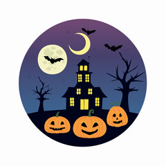 Clean and Modern Halloween Vector Illustration with Haunted House, Pumpkins, Bats and Moon