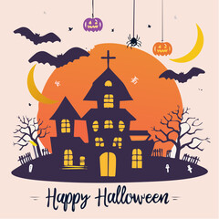 Happy Halloween Haunted House Vector Illustration with Bats, Pumpkins and Moon