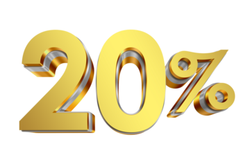 20 Percent Discount Icon, Gold 3D Text Isolated on Transparent Background
