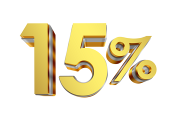 15 Percent Discount Icon, Gold 3D Text Isolated on Transparent Background