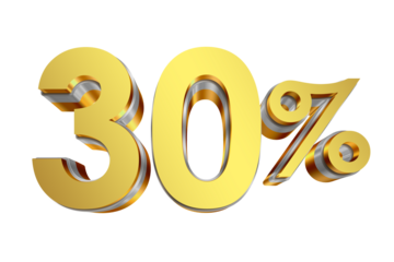 30 Percent Discount Icon, Gold 3D Text Isolated on Transparent Background
