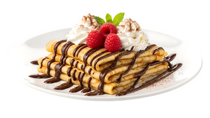 Crepes with chocolate topping on a plate, isolated on white or transparent background. PNG