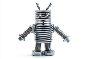 Cute robot made from metal screws and springs on white background