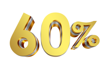 60 Percent Discount Icon, Gold 3D Text Isolated on Transparent Background