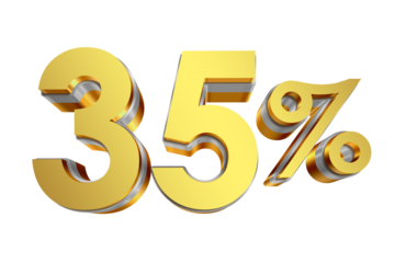 35 Percent Discount Icon, Gold 3D Text Isolated on Transparent Background