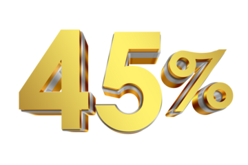 45 Percent Discount Icon, Gold 3D Text Isolated on Transparent Background