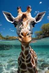 Giraffe swimming underwater revealing its unique features and playful demeanor in a clear blue environment