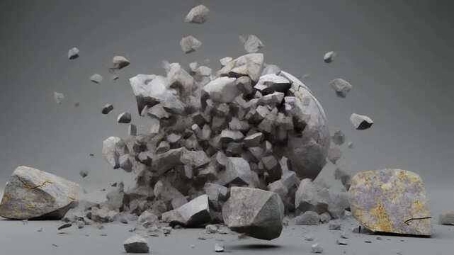 Ultra-realistic 3D animation of massive stone spheres colliding at high speed, extreme slow-motion