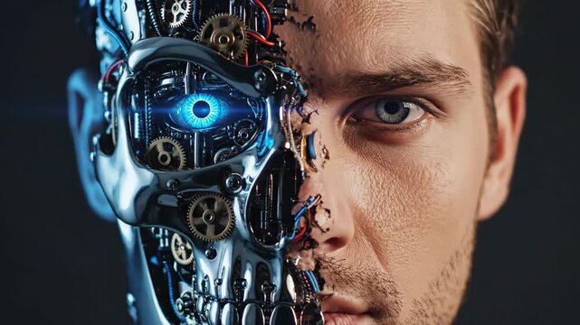 Mans closeup portrait transforming into cyborg. Half human face morphing to mechanical with glowing blue eyes. Futuristic identity shift and android evolution concept.