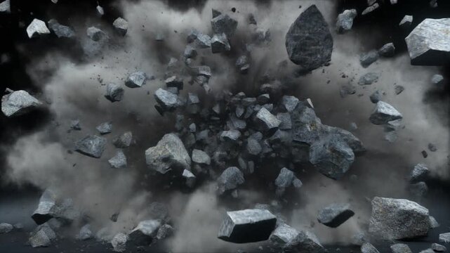 Ultra-realistic 3D animation of massive stone spheres colliding at high speed, extreme slow-motion