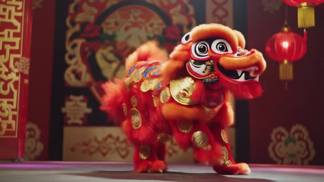 Chinese lion dance performing on a decorated cultural stage, bright red and gold lion costum