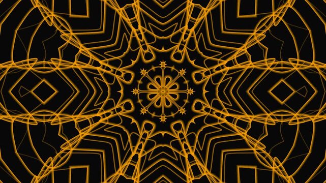 Symmetrical kaleidoscope pattern with golden lines on a black background. Great for backgrounds, prints, textile designs, and digital art.