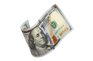 Curved hundred dollar banknote, isolated on transparent cutout background