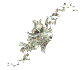 Flying hundred dollar bills, isolated on transparent cutout background