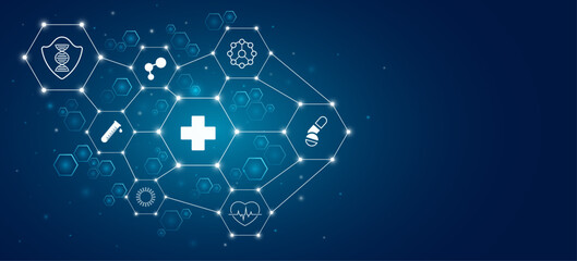 Medical hexagonal diagram featuring interconnected hexagons with white healthcare icons. Digital health background for medicine or scientific biotech presentation. Vector illustration.