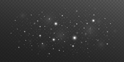 Glowing white particles with snowy blur effect on transparent dark background. Atmosphere elements for overlaying on images, fantasy scenes or magical visual effects. Vector illustration.