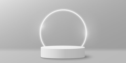 Minimalistic 3D white podium with glowing neon ring frame. Abstract dreamy cylindrical stage for showcasing your brand product. Vector illustration.