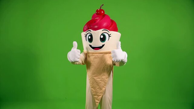 A cartoon ice cream mascot giving a thumbs up against a green screen background