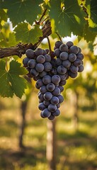 Naklejka premium Ripe dark grapes hanging from a gnarled vine branch with green leaves in a sun-drenched vineyard, symbolizing autumn harvest and winemaking.