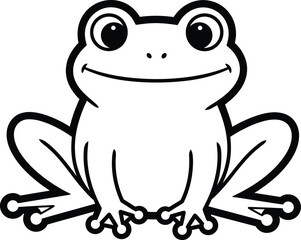 A charming black and white illustration of a smiling cartoon frog