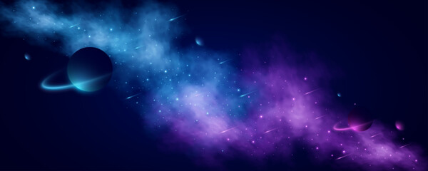 Abstract universe background with glowing stars, falling comets and colorful planets in deep space. Futuristic outer space scene for astronomy or galaxy design. Vector illustration.