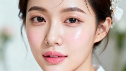 Detailed beauty portrait highlighting youthful East Asian female face with clear complexion, subtle makeup, and traditional hair accessories.