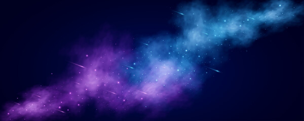 Abstract starry sky background with glowing stars and falling colorful comets into deep space. Futuristic universe scene for astronomy or modern galaxy design. Vector illustration.