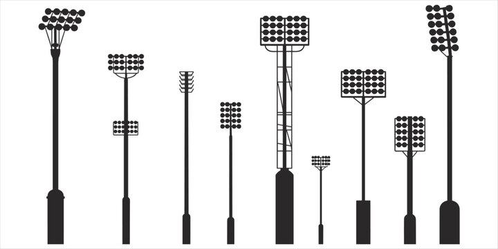 Collection of silhouettes of various stadium floodlight towers and streetlights Keywords: silhouette, floodlight, stadium light