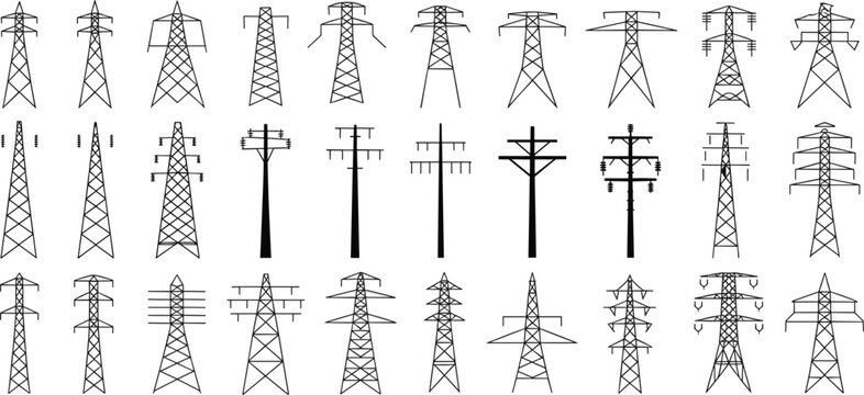 Collection of Silhouette Power Line Towers and Poles for Electricity Transmission pylon