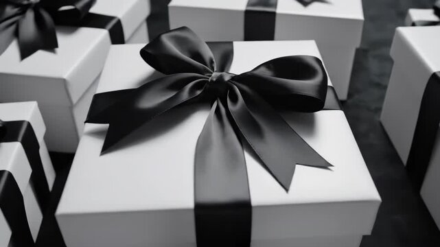 Luxurious arrangement of elegant white gift boxes tied with black satin ribbons on dark surface. Sophisticated holiday gifting concept for celebrations, special occasions, and festive presentations