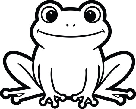 A charming black and white illustration of a smiling cartoon frog