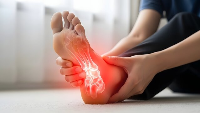 Human foot with red glowing pain inflammation. Healthcare and podiatry concept. Person sitting on the floor holding a painful ankle with visible skeletal bone structure